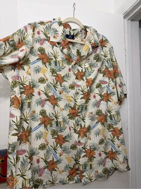 George Cream Tropical Floral Camp Shirt with Orange and Green Accents